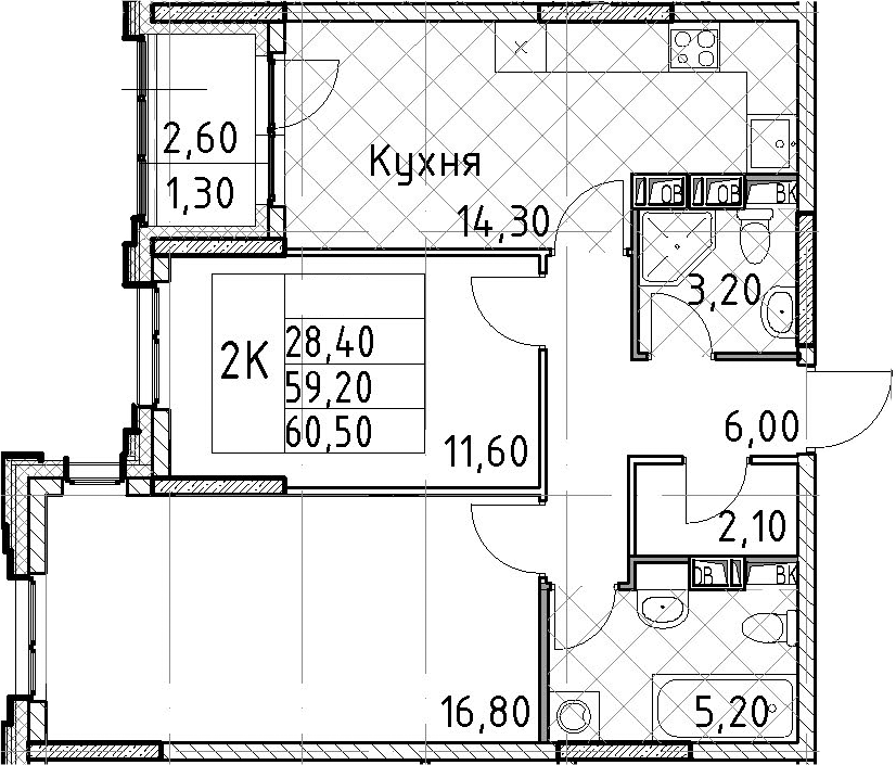 2-комнатная квартира 60.5 м², 10/13 эт., ЖК «Тайм Сквер»